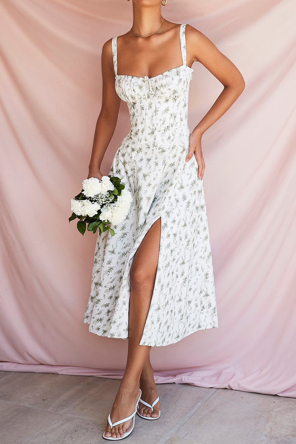 CARMEN GARDEN PRINT BUSTIER SUNDRESS MAXI DRESS - White / Green