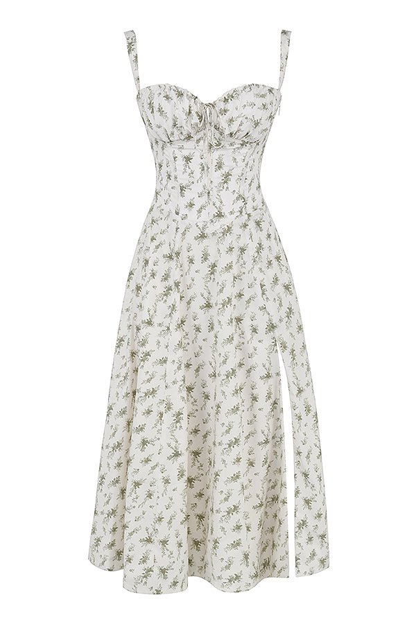 CARMEN GARDEN PRINT BUSTIER SUNDRESS MAXI DRESS - White / Green