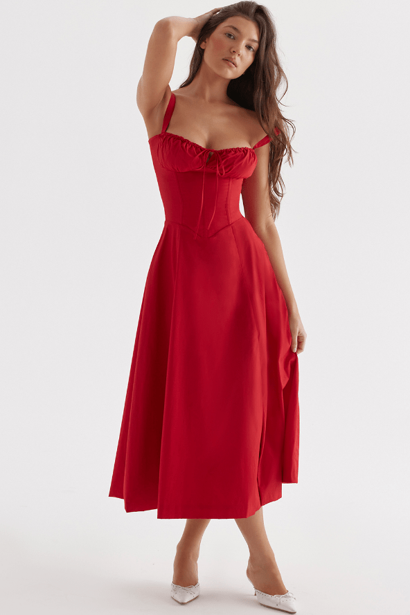 CARMEN RED ROSE BUSTIER MIDI DRESS - Dark Red