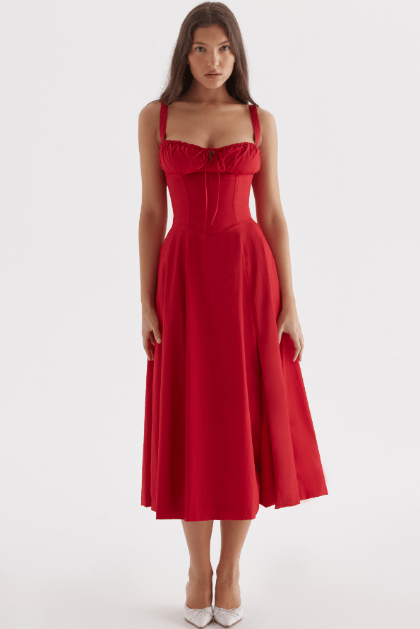 CARMEN RED ROSE BUSTIER MIDI DRESS - Dark Red
