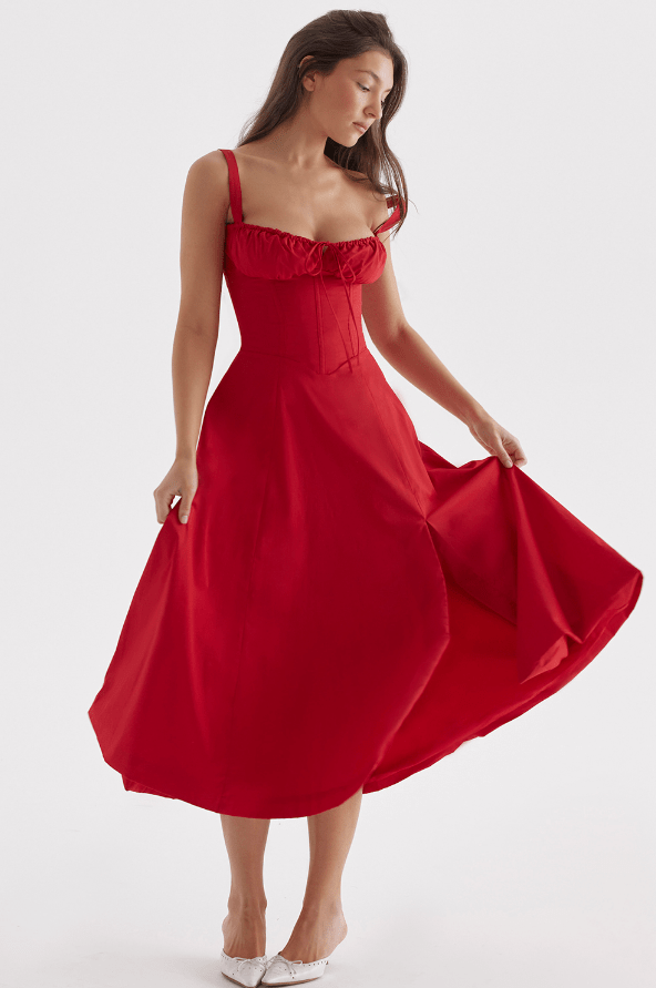 CARMEN RED ROSE BUSTIER MIDI DRESS - Dark Red