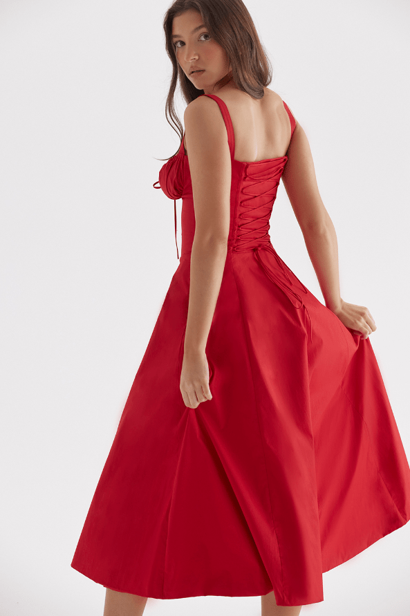 CARMEN RED ROSE BUSTIER MIDI DRESS - Dark Red