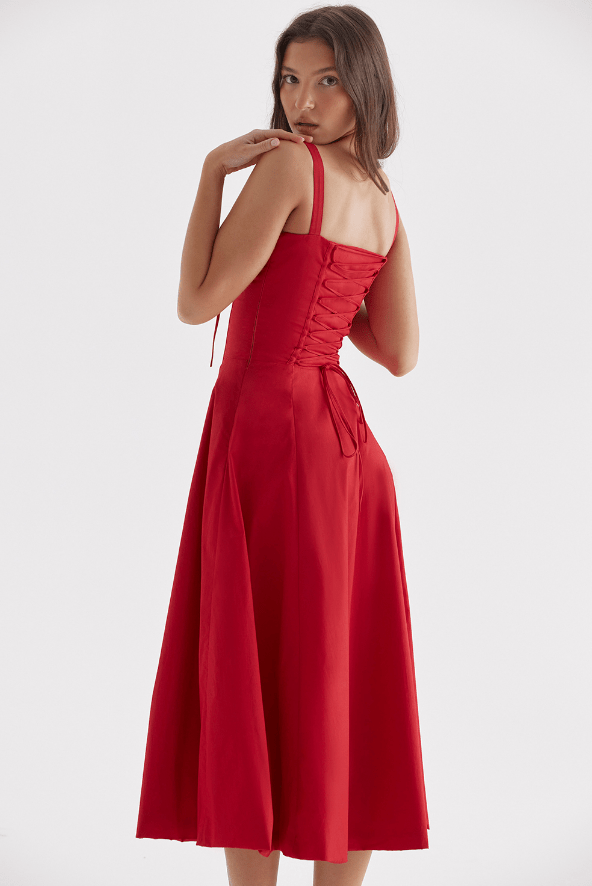 CARMEN RED ROSE BUSTIER MIDI DRESS - Dark Red