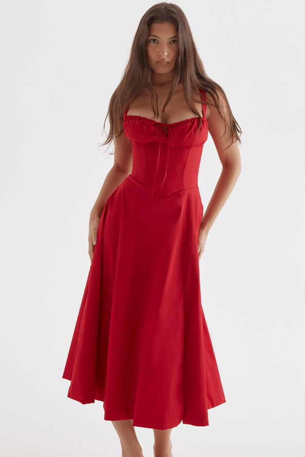 CARMEN RED ROSE BUSTIER MIDI DRESS - Dark Red