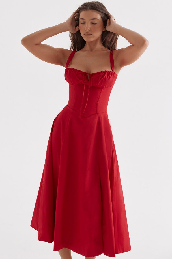 CARMEN RED ROSE BUSTIER MIDI DRESS - Dark Red