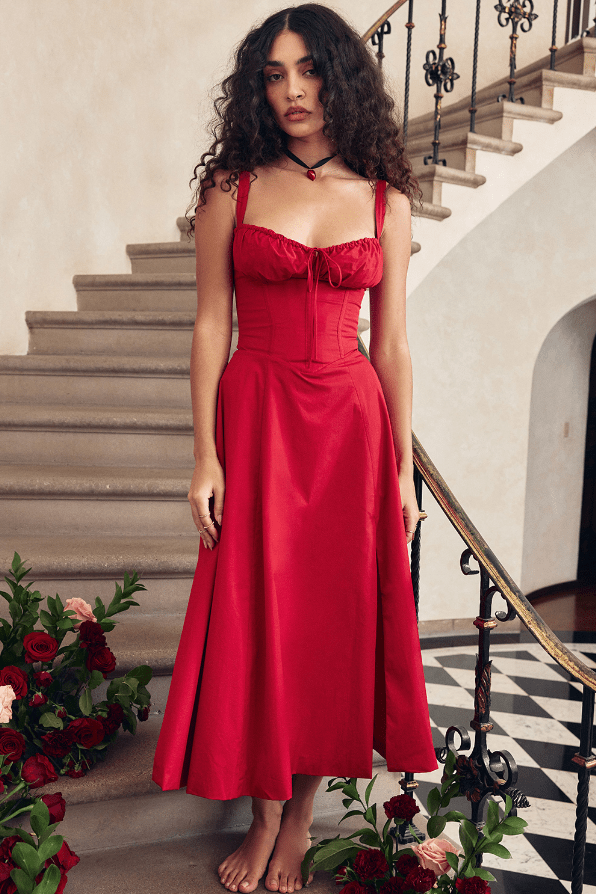 CARMEN RED ROSE BUSTIER MIDI DRESS - Dark Red