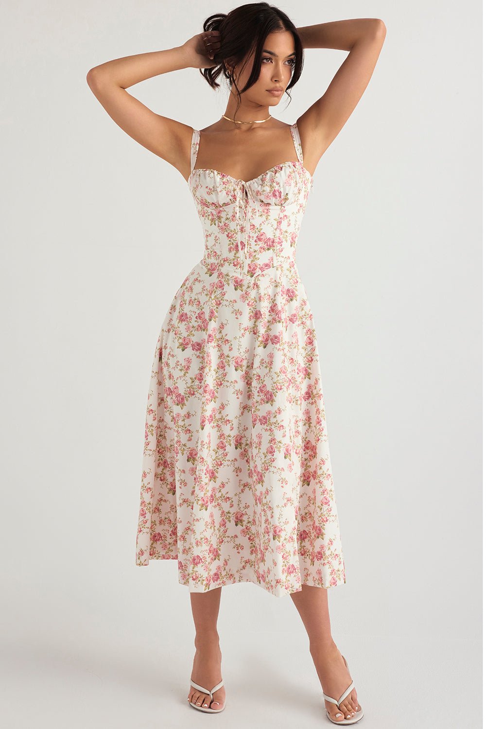 CARMEN ROSE PRINT BUSTIER MIDI DRESS - Pink / white