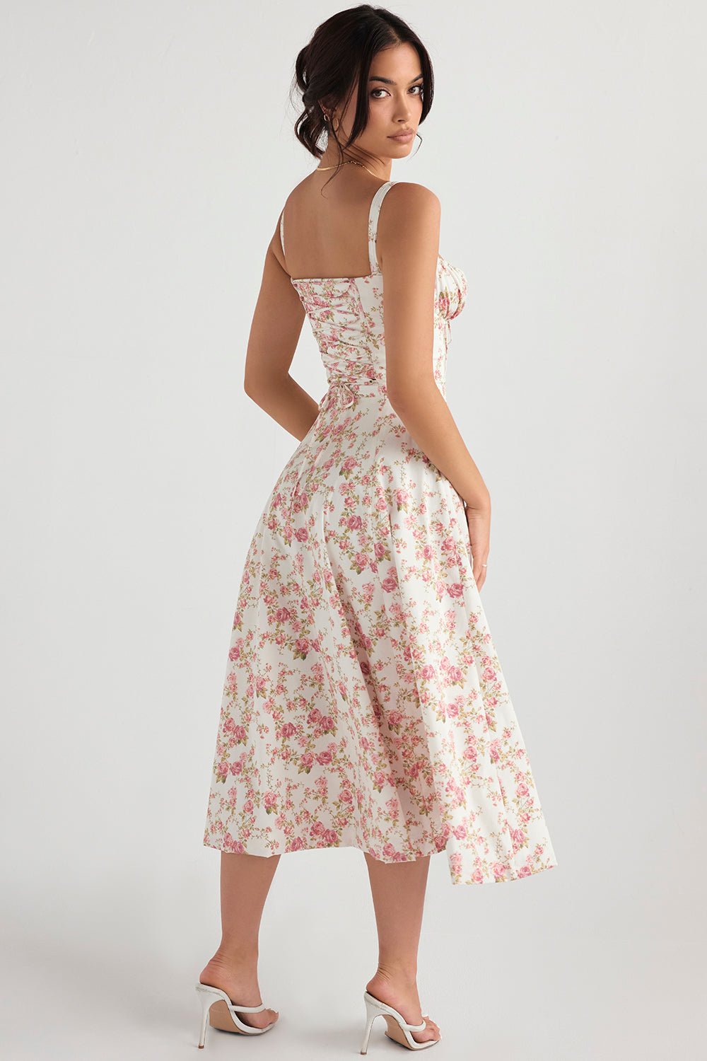 CARMEN ROSE PRINT BUSTIER MIDI DRESS - Pink / white