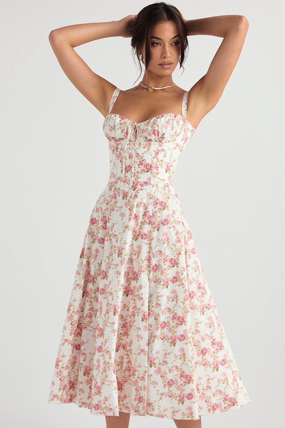 CARMEN ROSE PRINT BUSTIER MIDI DRESS - Pink / white
