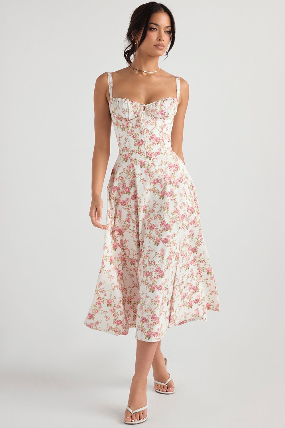 CARMEN ROSE PRINT BUSTIER MIDI DRESS - Pink / white
