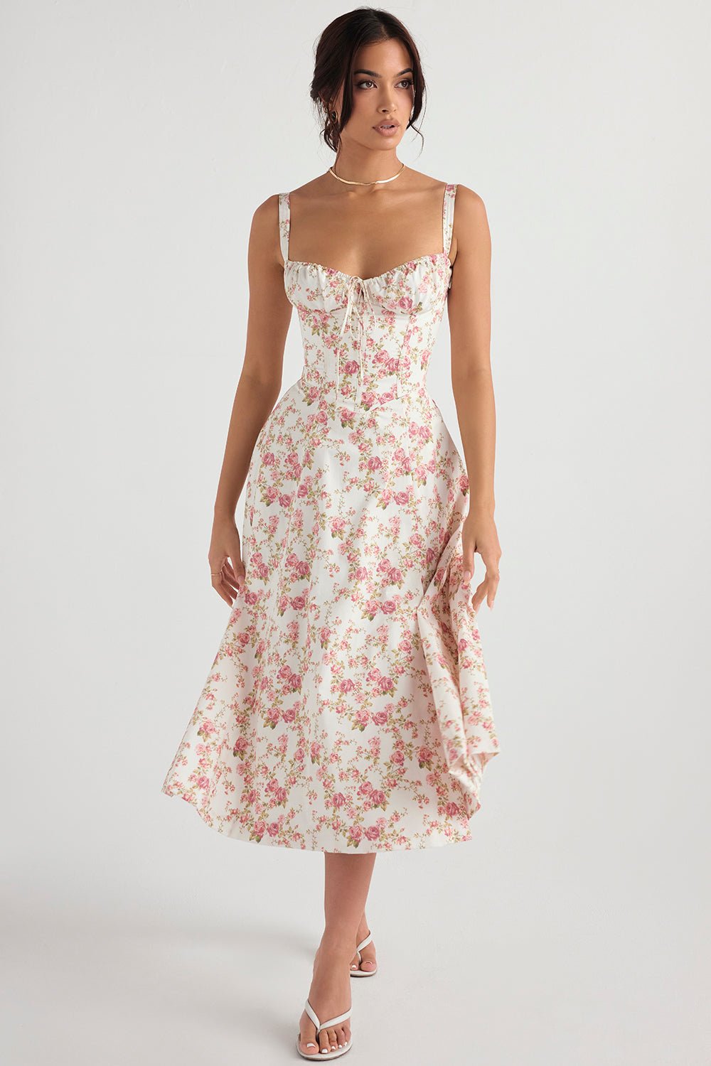 CARMEN ROSE PRINT BUSTIER MIDI DRESS - Pink / white