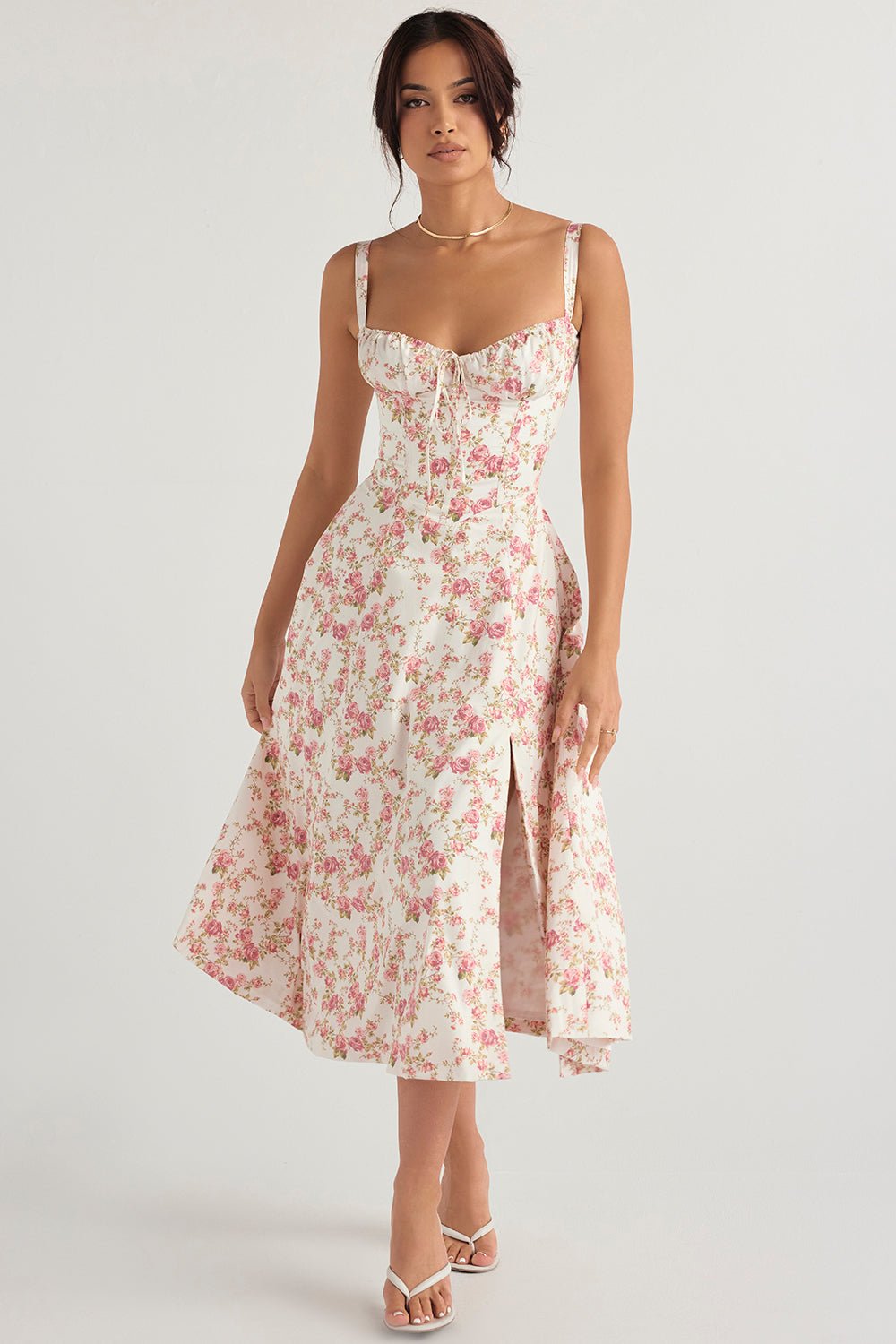 CARMEN ROSE PRINT BUSTIER MIDI DRESS - Pink / white