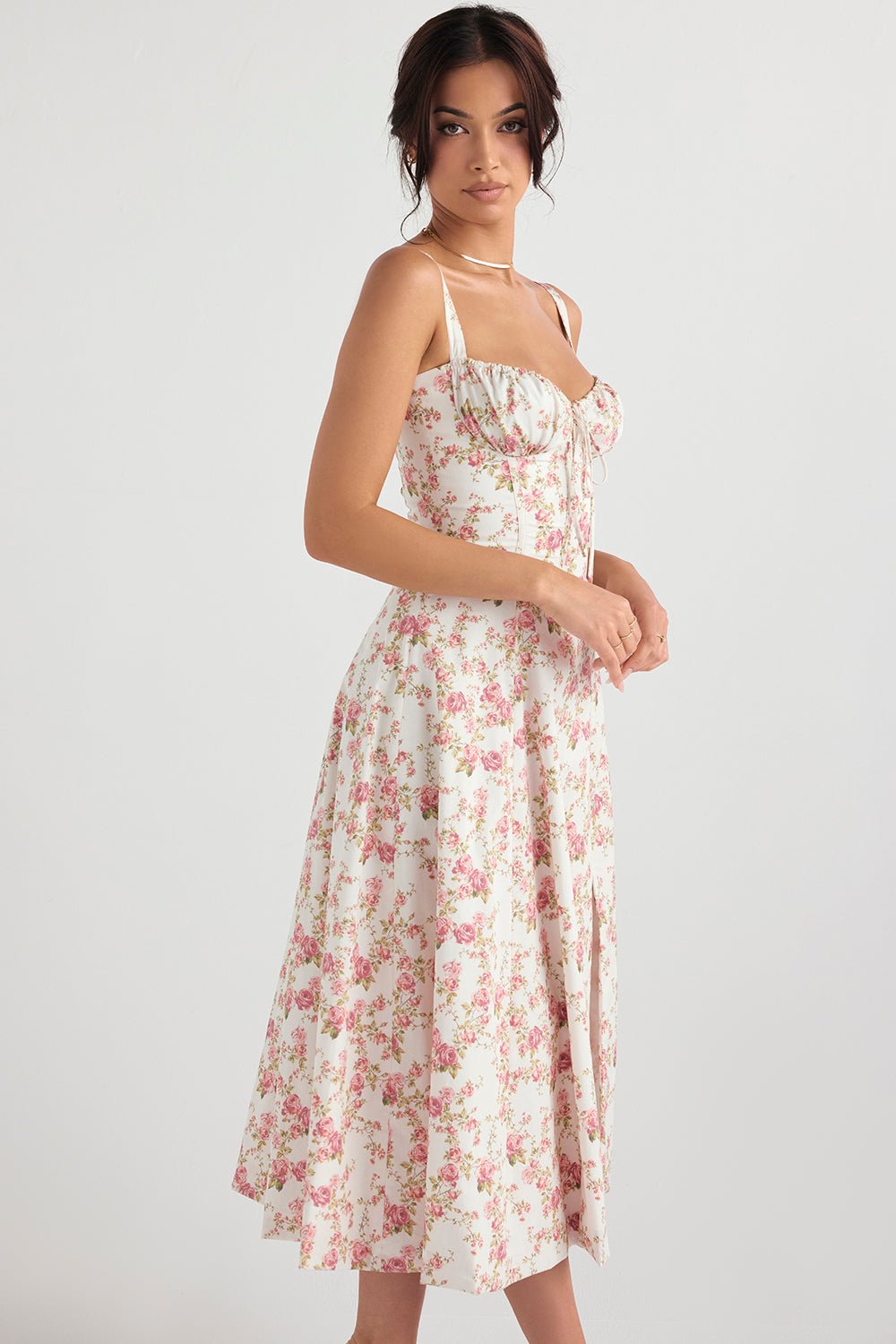 CARMEN ROSE PRINT BUSTIER MIDI DRESS - Pink / white