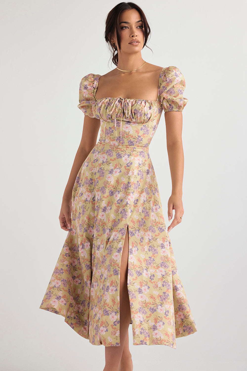 TALLULAH PEONY PRINT FLORAL PUFF SLEEVE MAXI / MIDI DRESS - Beige