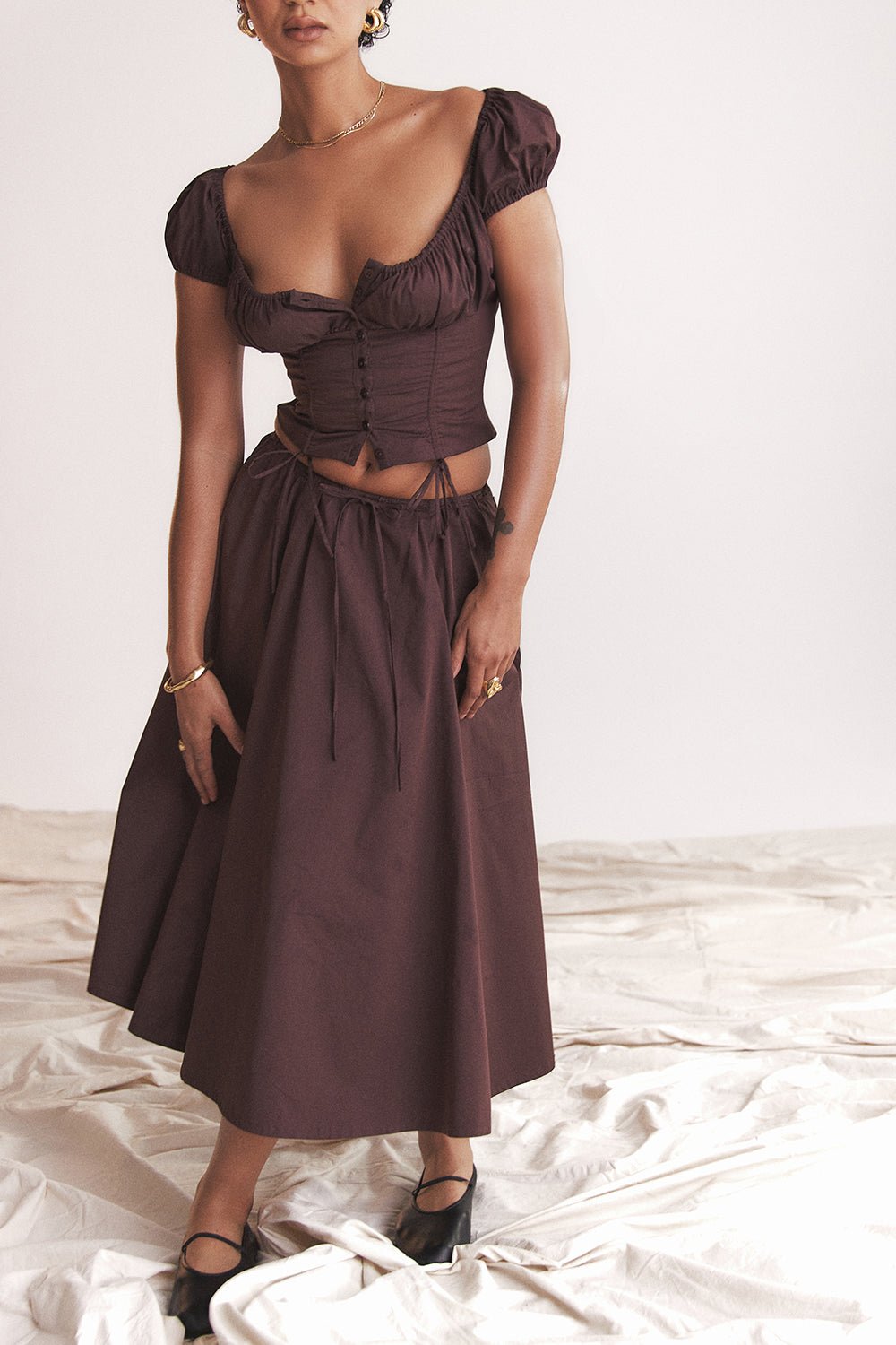 CORA RICH BROWN GATHERED MIDI SKIRT & KITTY WHITE GATHERED TOP SET - Brown