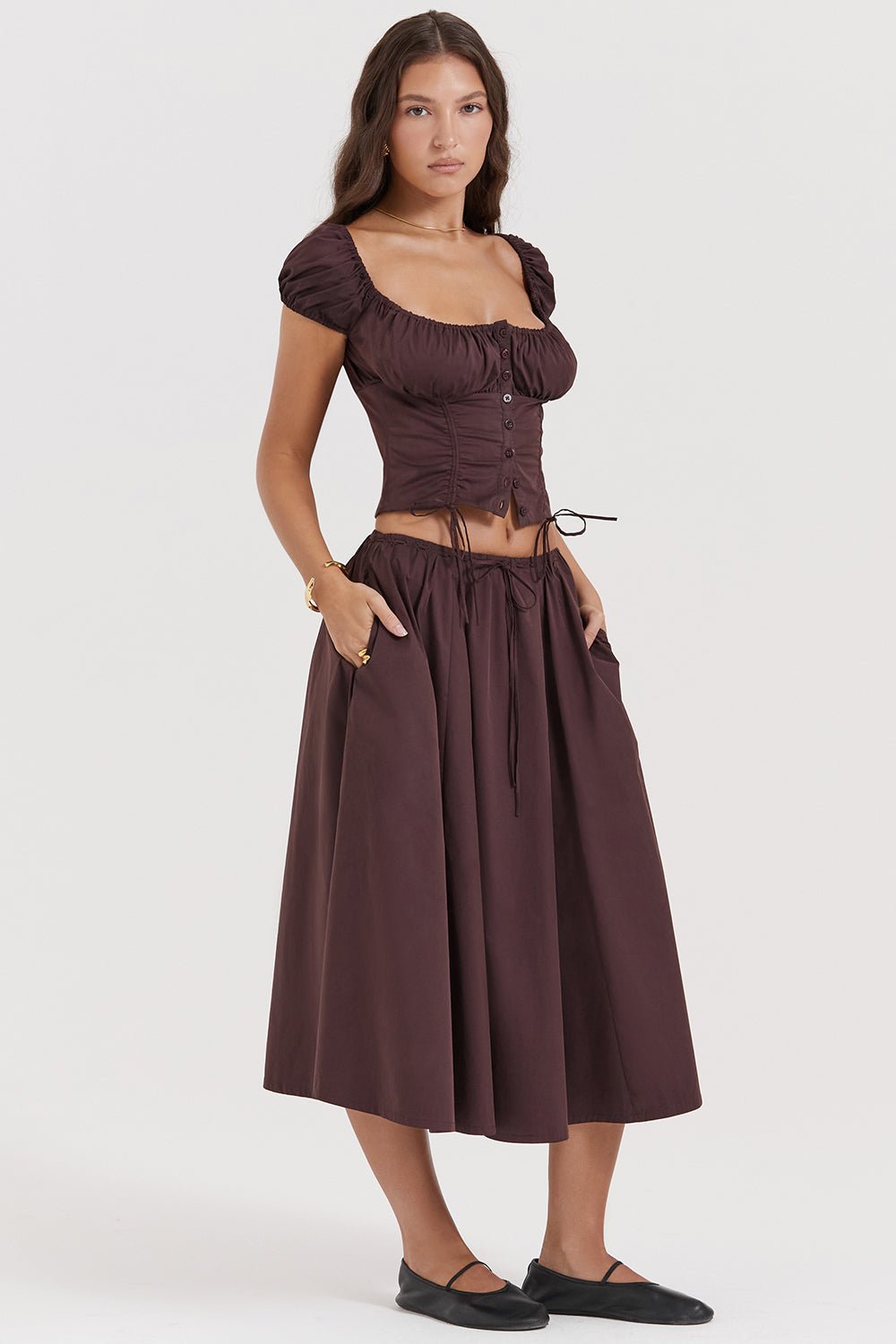 CORA RICH BROWN GATHERED MIDI SKIRT & KITTY WHITE GATHERED TOP SET - Brown