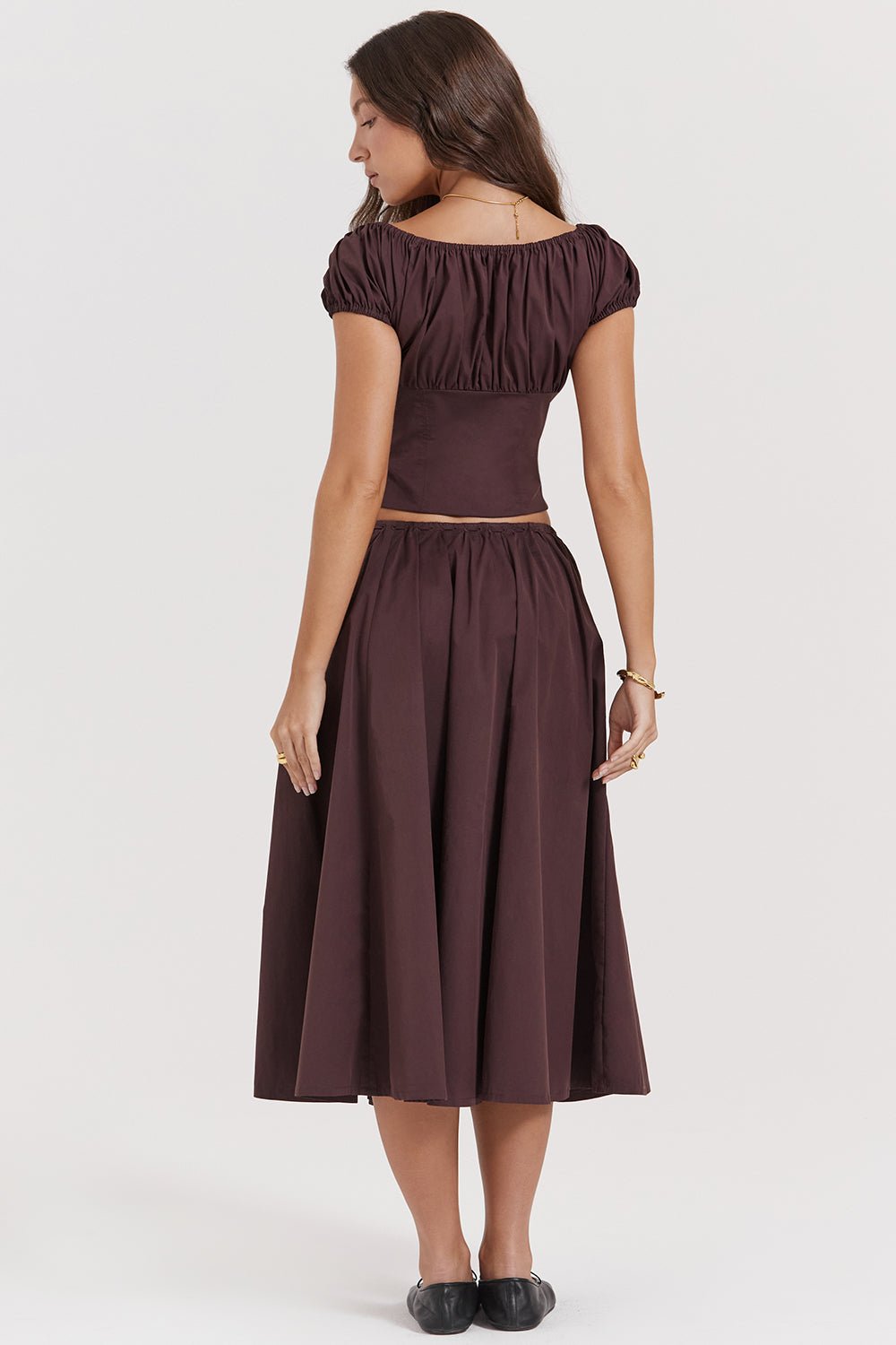 CORA RICH BROWN GATHERED MIDI SKIRT & KITTY WHITE GATHERED TOP SET - Brown