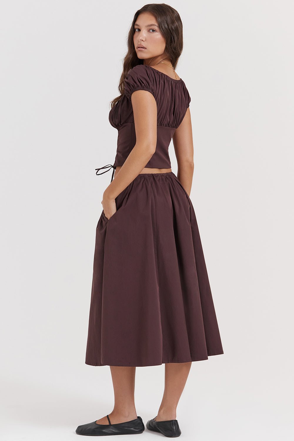 CORA RICH BROWN GATHERED MIDI SKIRT & KITTY WHITE GATHERED TOP SET - Brown