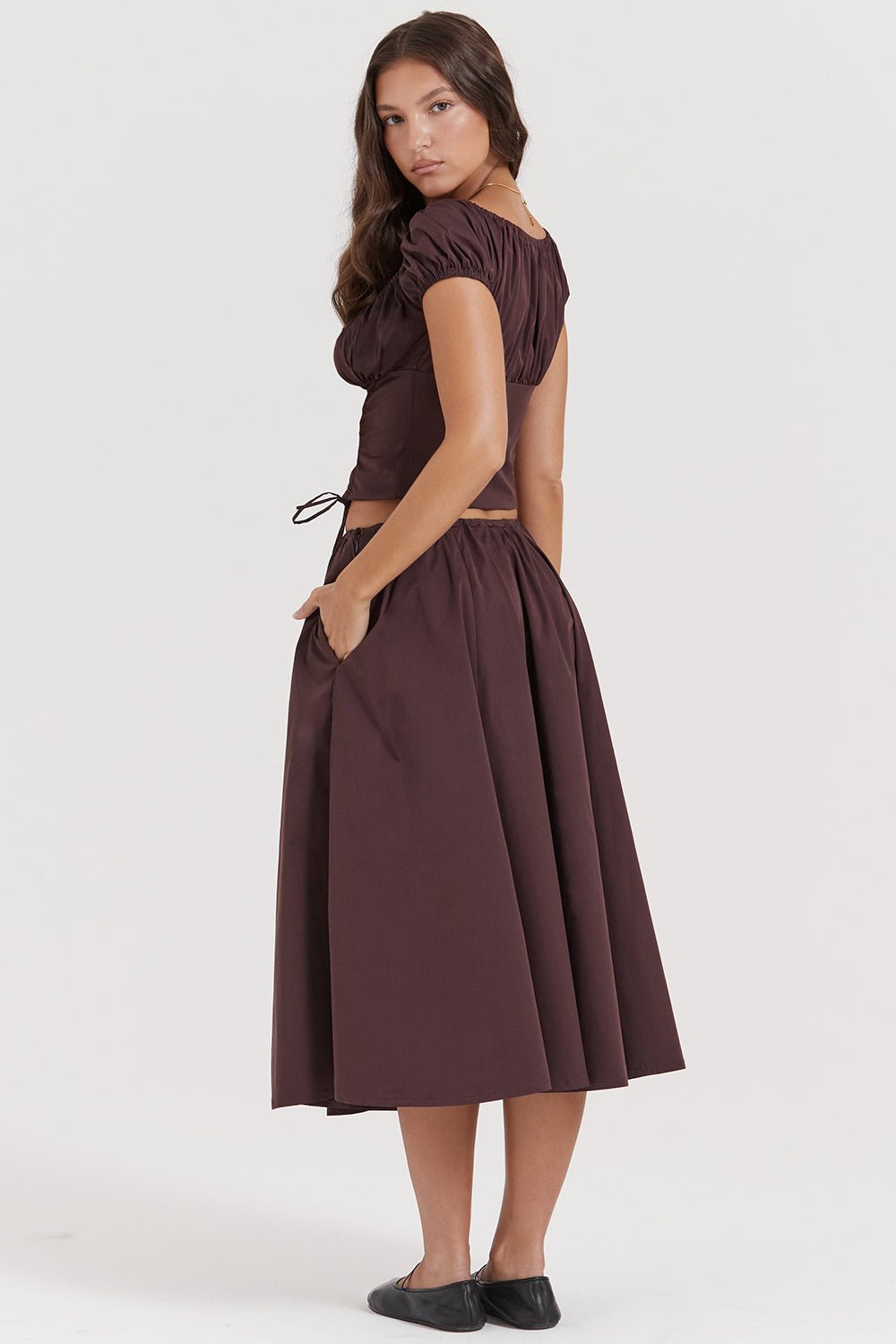 CORA RICH BROWN GATHERED MIDI SKIRT & KITTY WHITE GATHERED TOP SET - Brown