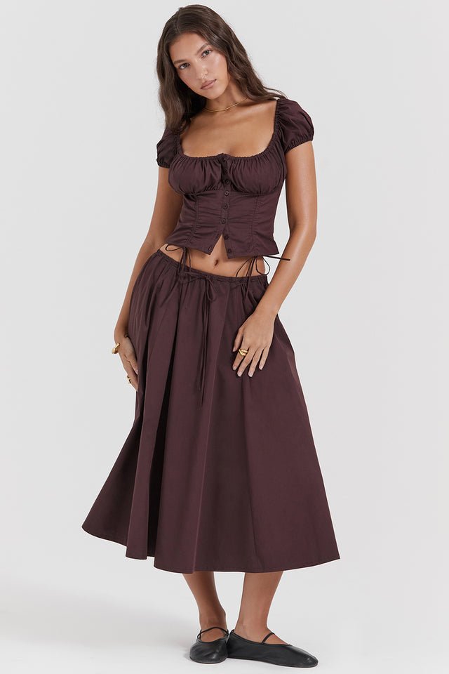 CORA RICH BROWN GATHERED MIDI SKIRT & KITTY WHITE GATHERED TOP SET - Brown