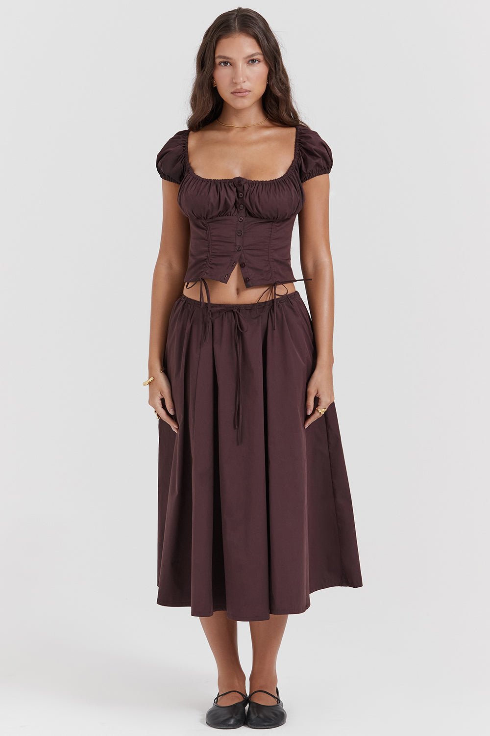 CORA RICH BROWN GATHERED MIDI SKIRT & KITTY WHITE GATHERED TOP SET - Brown