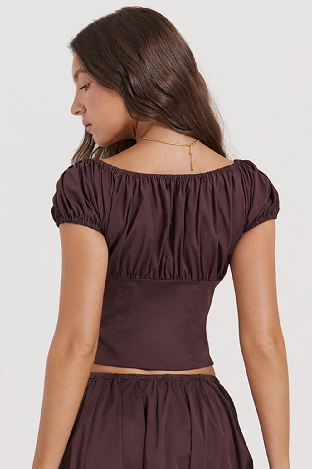CORA RICH BROWN GATHERED MIDI SKIRT & KITTY WHITE GATHERED TOP SET - Brown