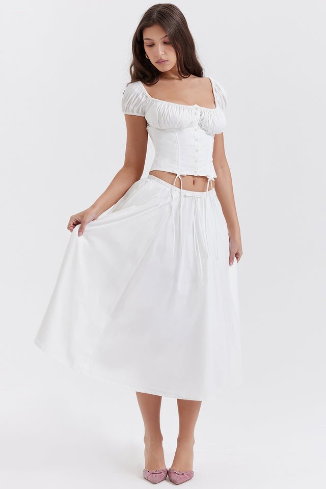 CORA WHITE GATHERED MIDI SKIRT & KITTY WHITE GATHERED TOP SET - White