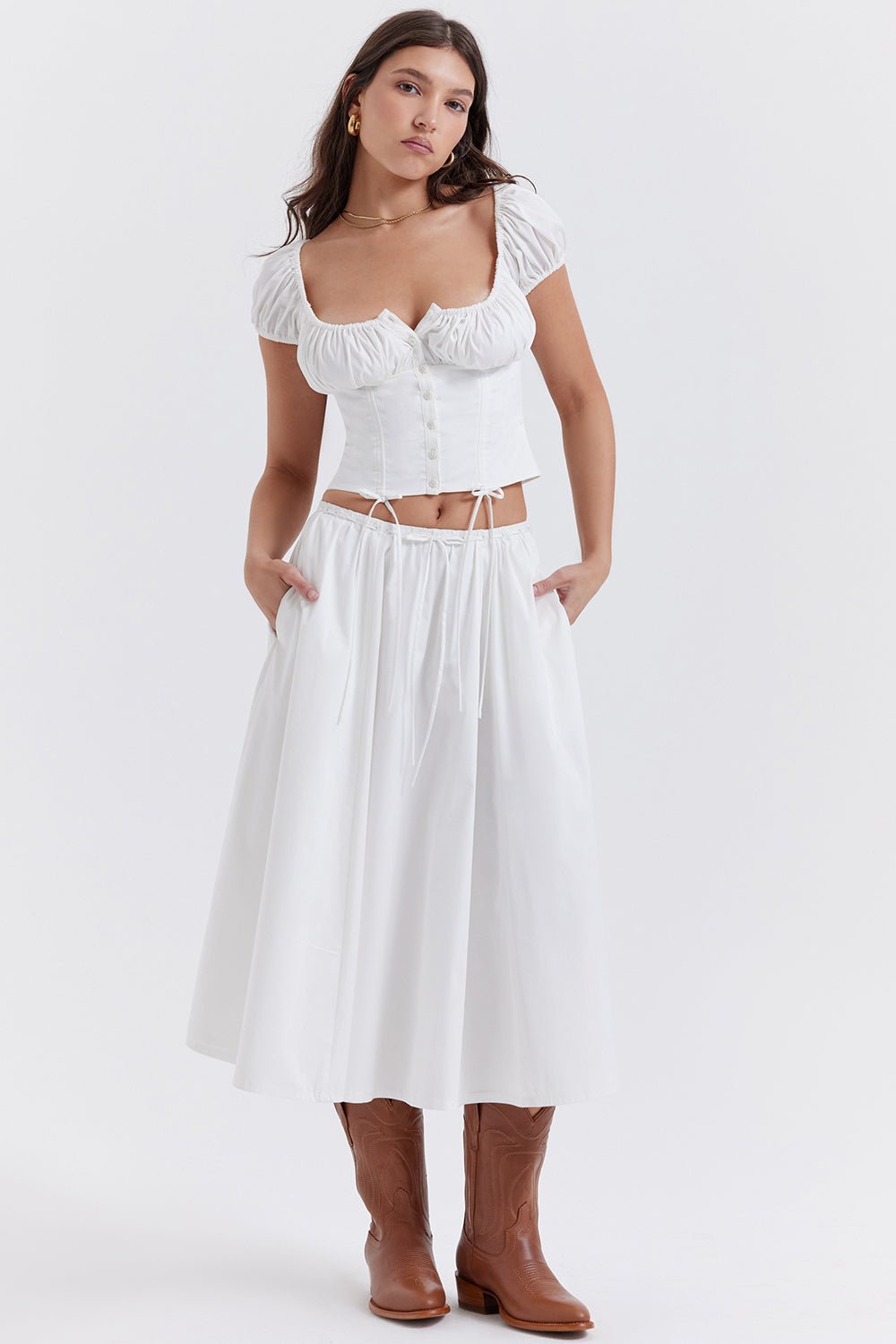 CORA WHITE GATHERED MIDI SKIRT & KITTY WHITE GATHERED TOP SET - White