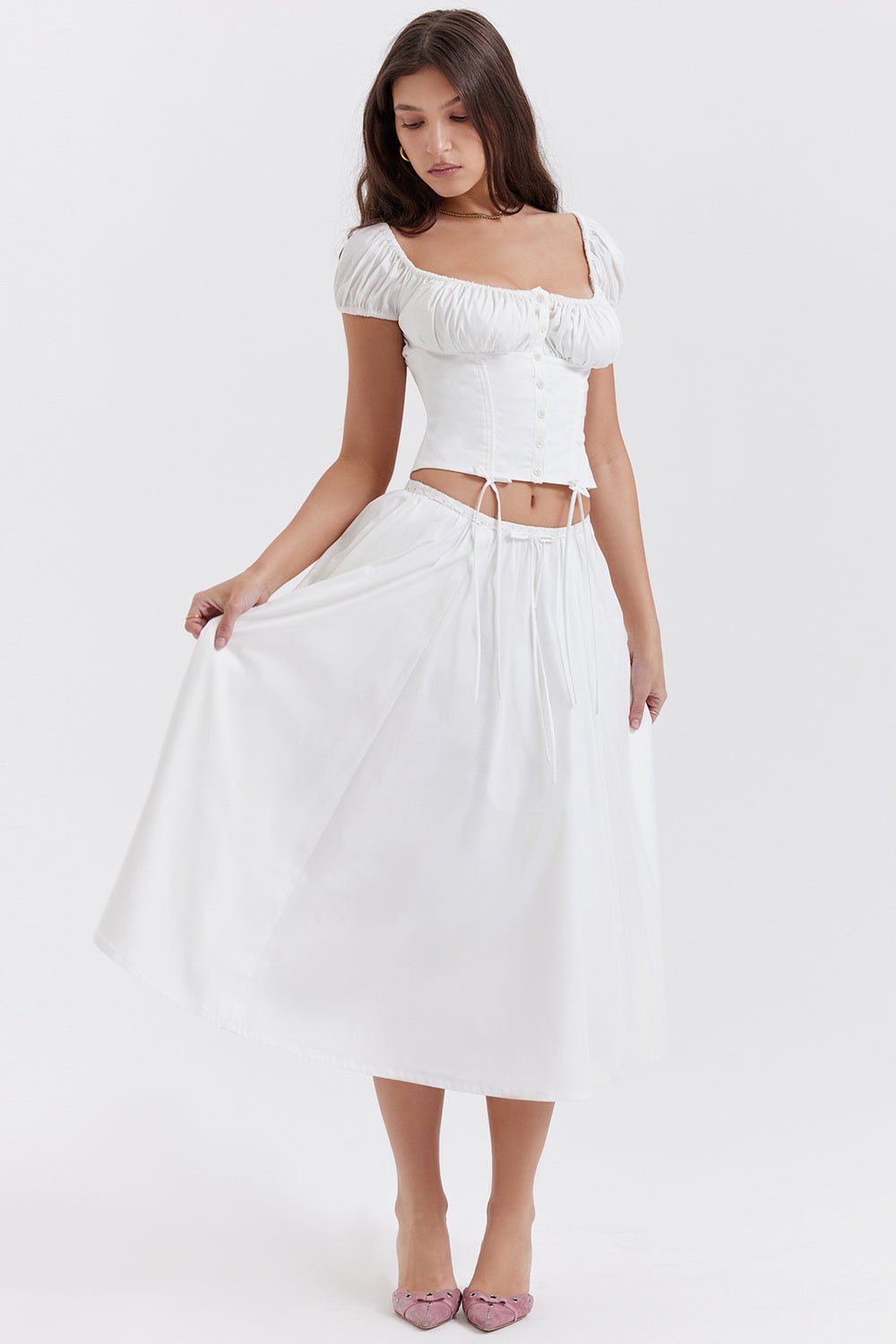 CORA WHITE GATHERED MIDI SKIRT & KITTY WHITE GATHERED TOP SET - White