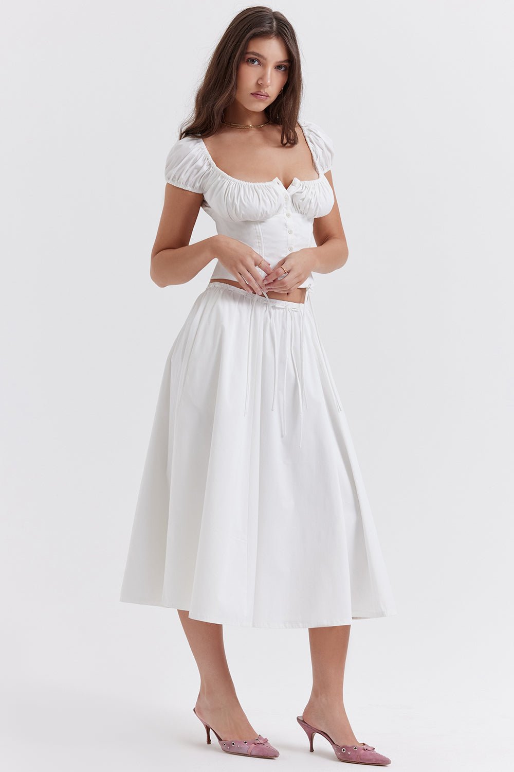 CORA WHITE GATHERED MIDI SKIRT & KITTY WHITE GATHERED TOP SET - White