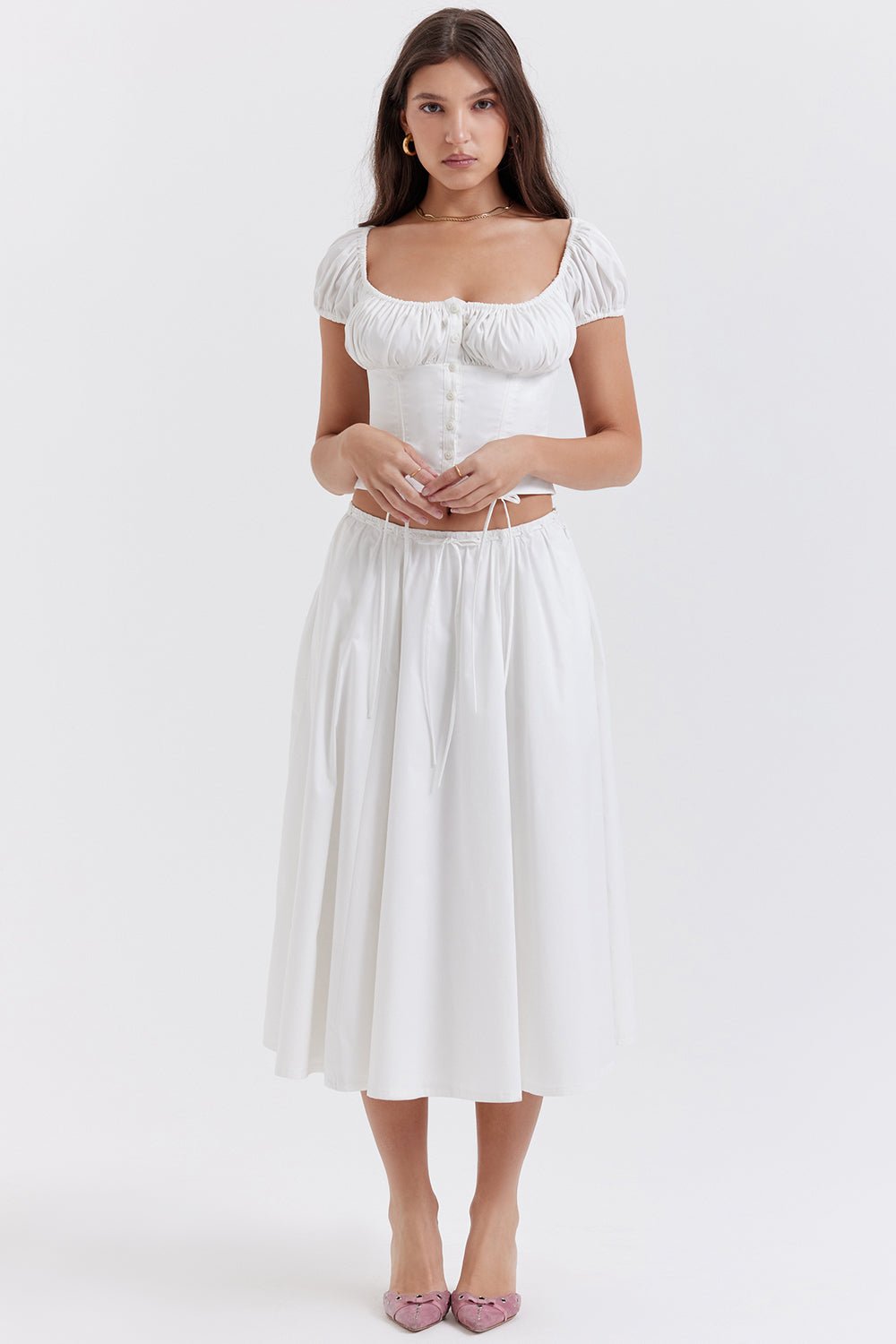CORA WHITE GATHERED MIDI SKIRT & KITTY WHITE GATHERED TOP SET - White