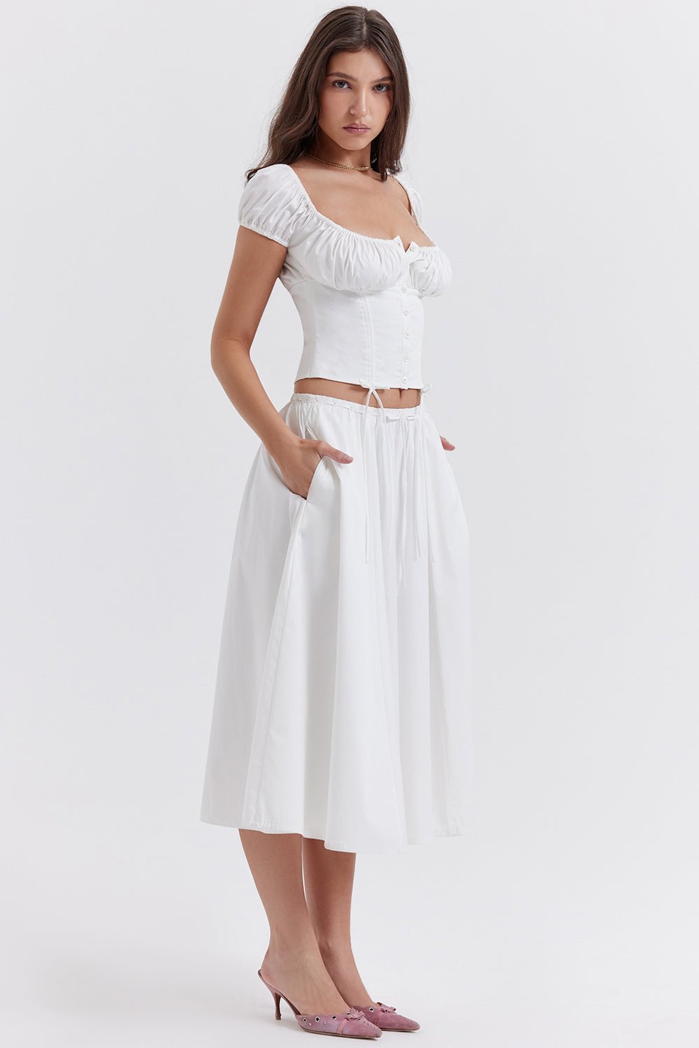 CORA WHITE GATHERED MIDI SKIRT & KITTY WHITE GATHERED TOP SET - White