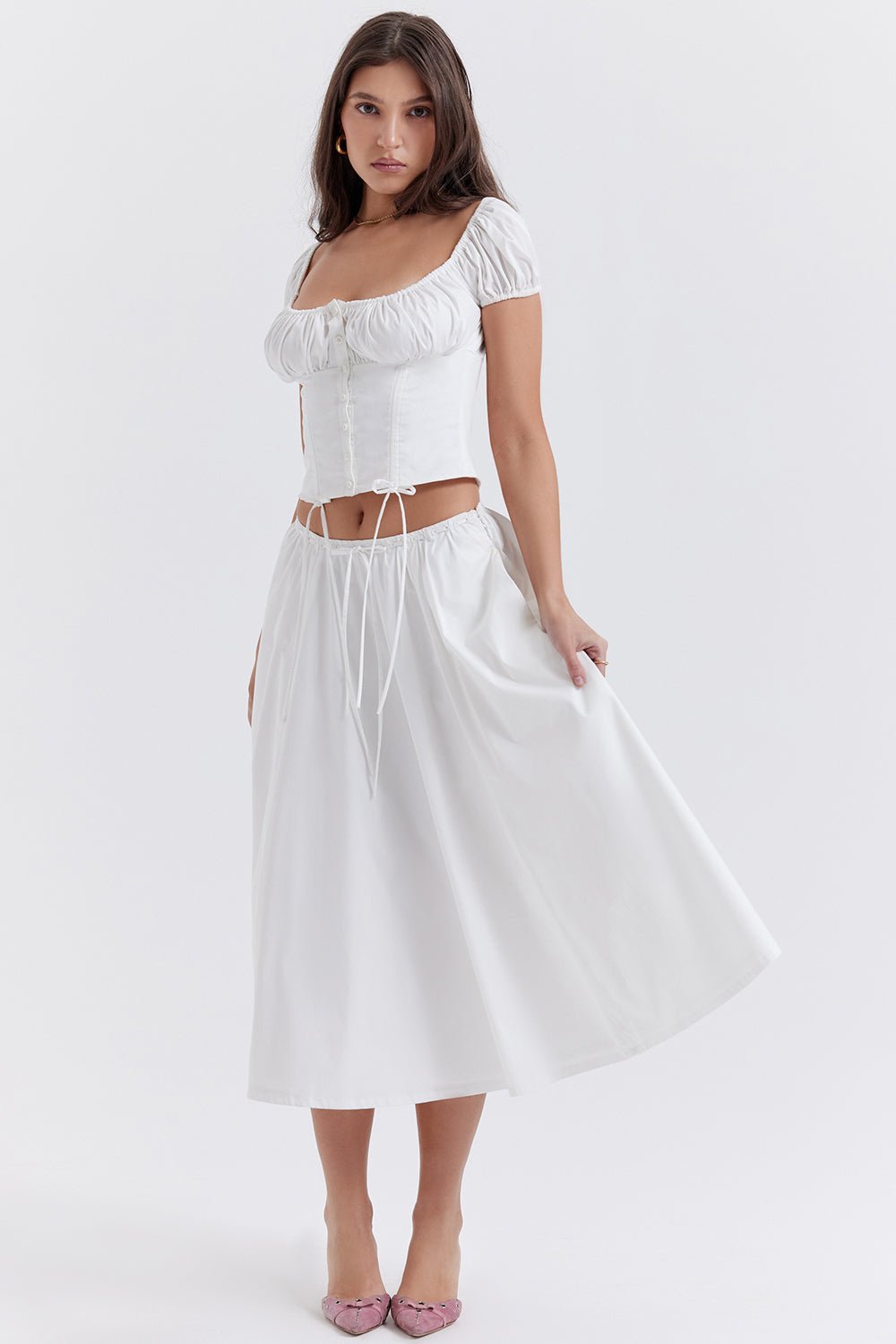 CORA WHITE GATHERED MIDI SKIRT & KITTY WHITE GATHERED TOP SET - White