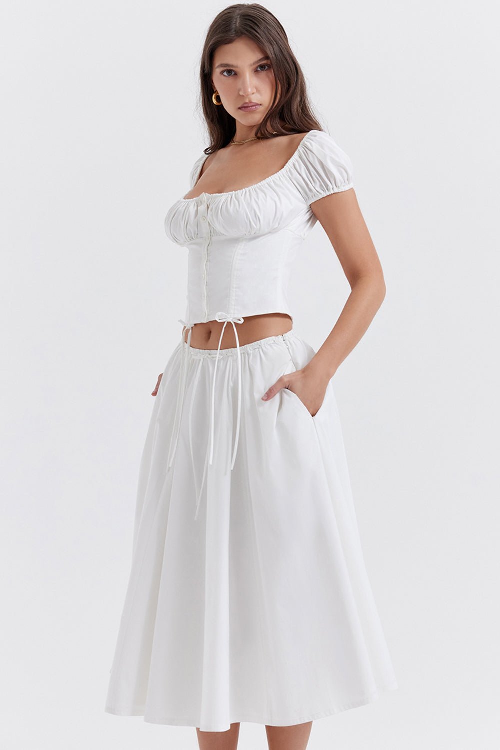CORA WHITE GATHERED MIDI SKIRT & KITTY WHITE GATHERED TOP SET - White