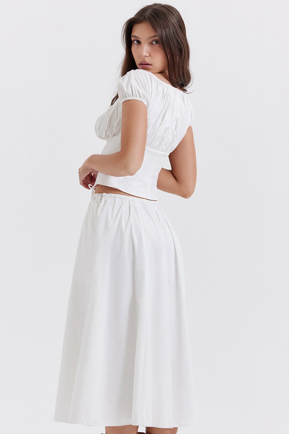 CORA WHITE GATHERED MIDI SKIRT & KITTY WHITE GATHERED TOP SET - White