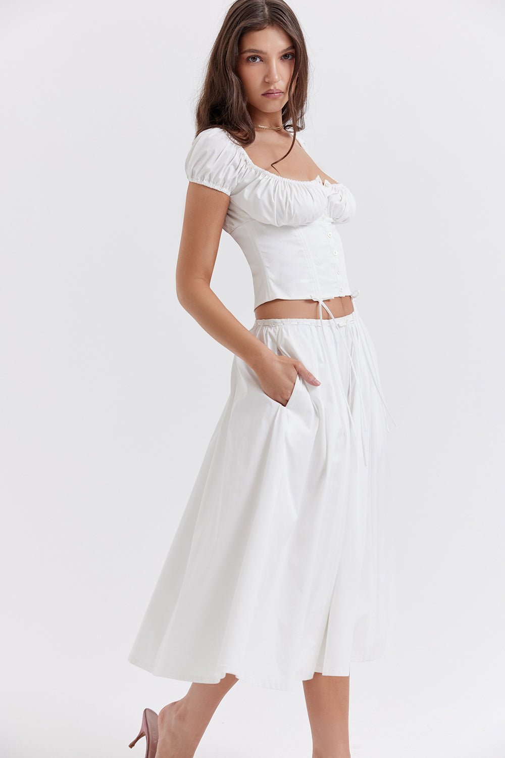 CORA WHITE GATHERED MIDI SKIRT & KITTY WHITE GATHERED TOP SET - White