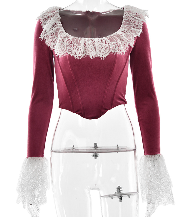Jacinda Cabernet Velvet Lace Trimmed Corset Top - Dark Red