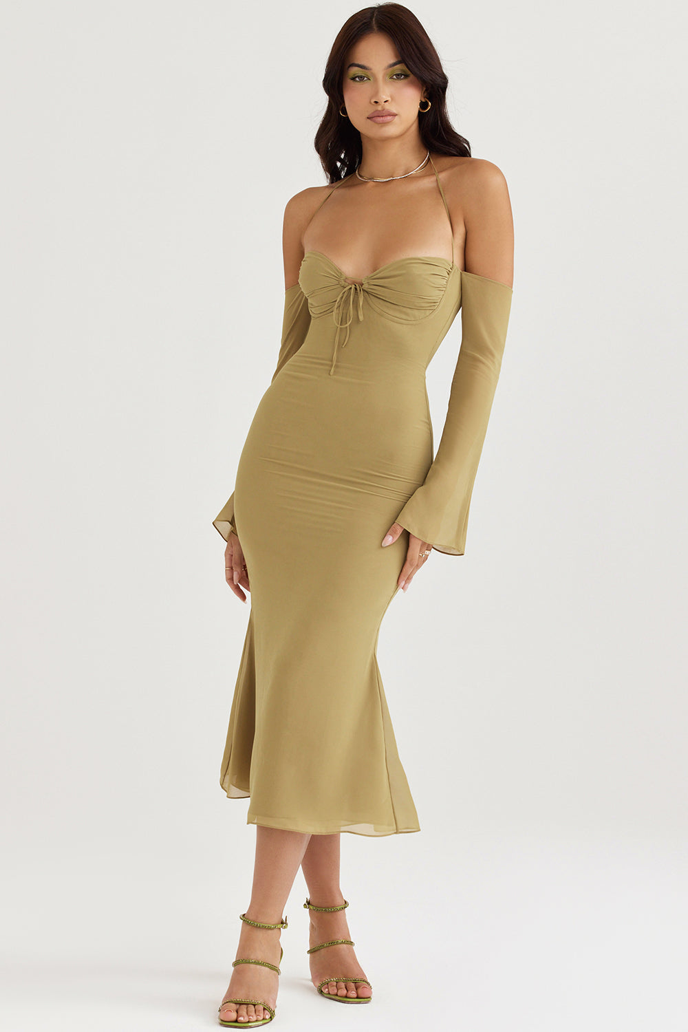 NAOMI OLIVE HALTER MIDI DRESS