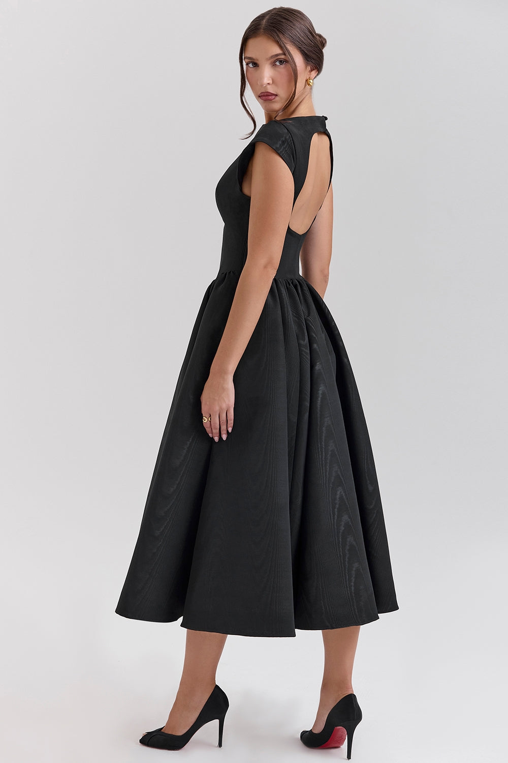 Debutante Black Moire Satin Backless Midi Dress - Black Debutante Black Moire Satin Backless Midi Dress - Black