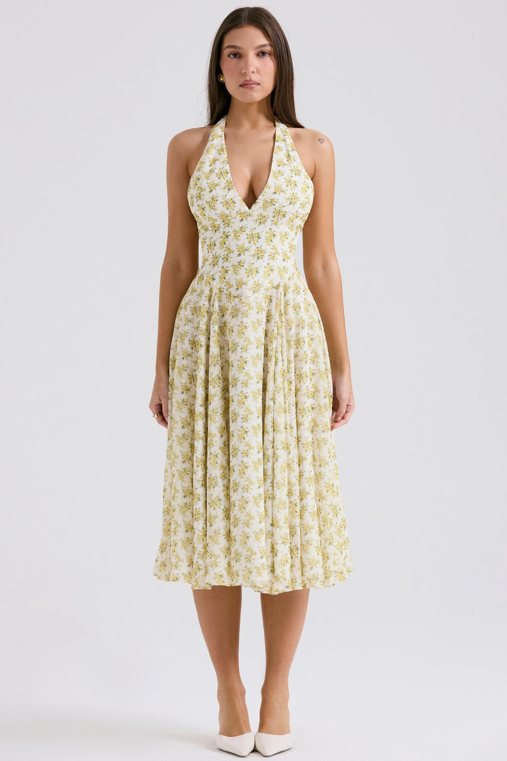 SOLADA IVORY VINTAGE FLORAL PRINT GEORGETTE HALTER SUNDRESS MIDI DRESS - White