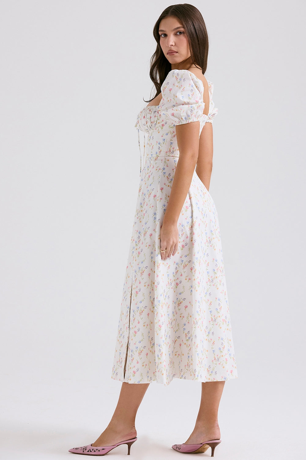 TALLULAH WHITE POSY PRINT COTTON PUFF SLEEVE MIDI SUNDRESS - White