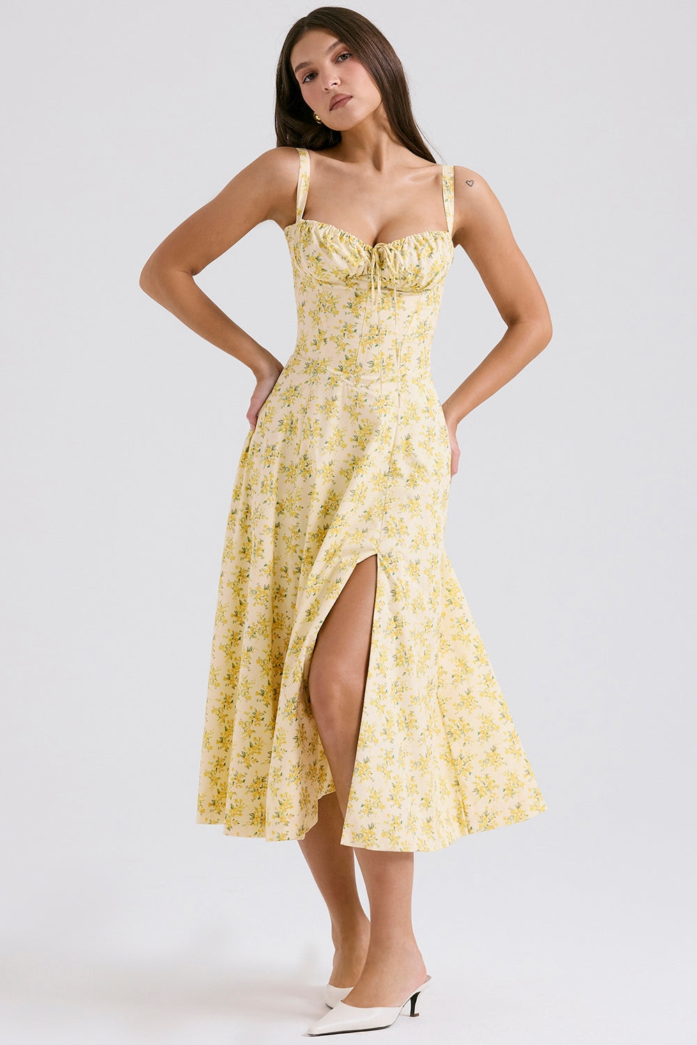buttercup midi dress CARMEN BUTTERCUP VINTAGE FLORAL PRINT COTTON BUSTIER SUNDRESS MIDI DRE