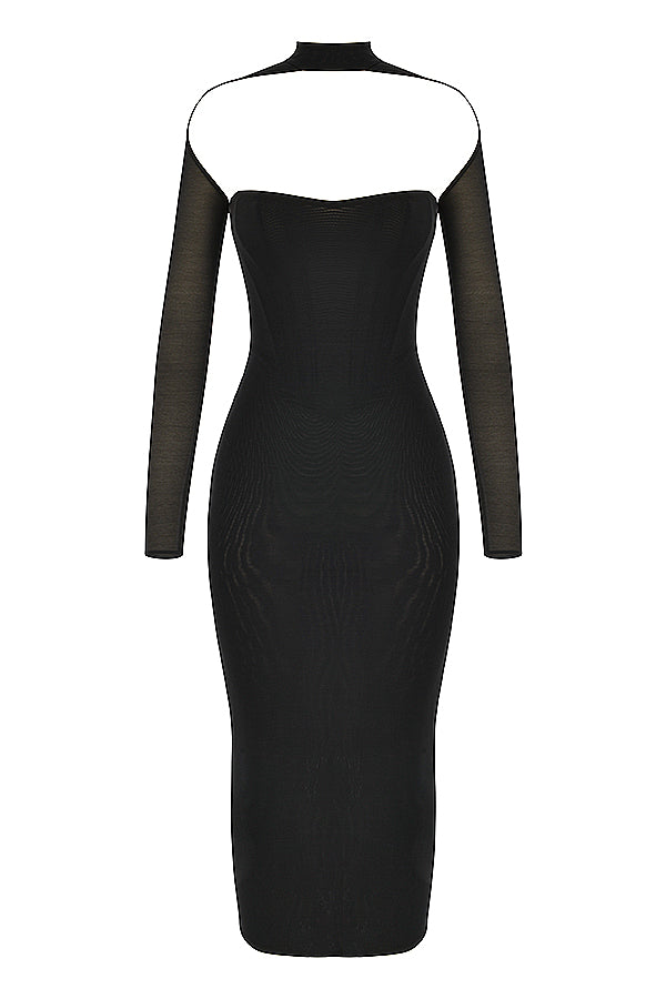 MILAROSE BLACK MESH CORSET MIDI DRESS - Black