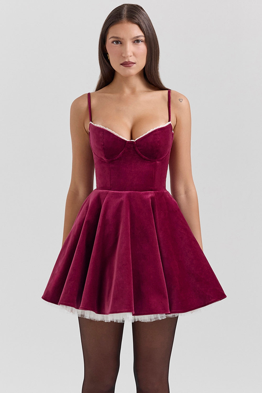 Burgundy Velvet Tulle Mini Dress - Red Burgundy Velvet Tulle Mini Dress - Red
