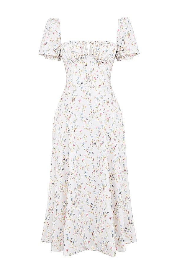 TALLULAH WHITE POSY PRINT COTTON PUFF SLEEVE MIDI SUNDRESS - White