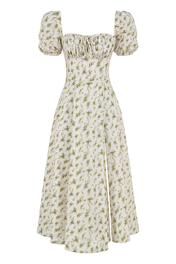 TALLULAH GARDEN PRINT PUFF SLEEVE MIDI SUNDRESS. - White