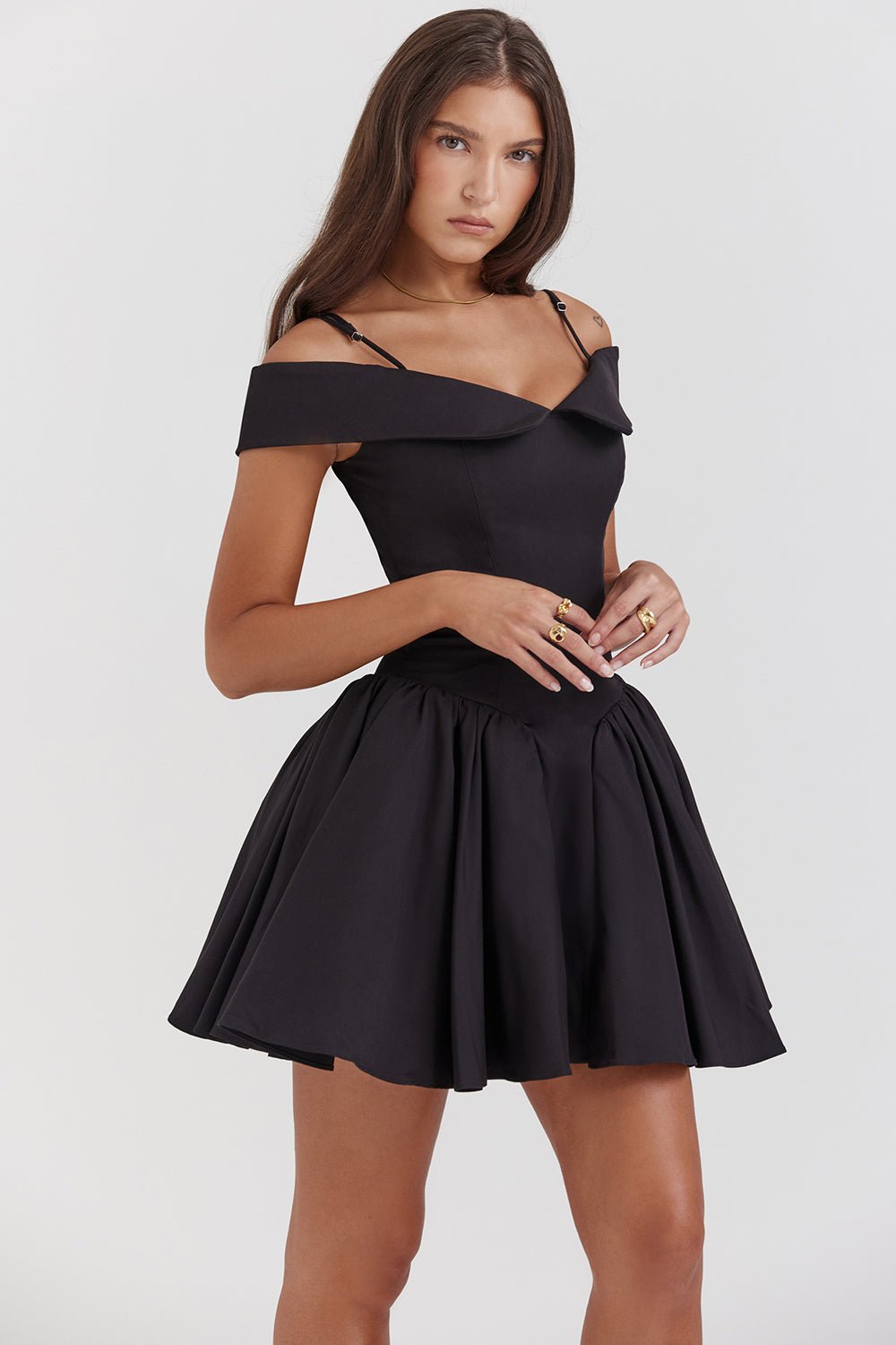 ELIDA BLACK OFF SHOULDER MINI DRESS - Black