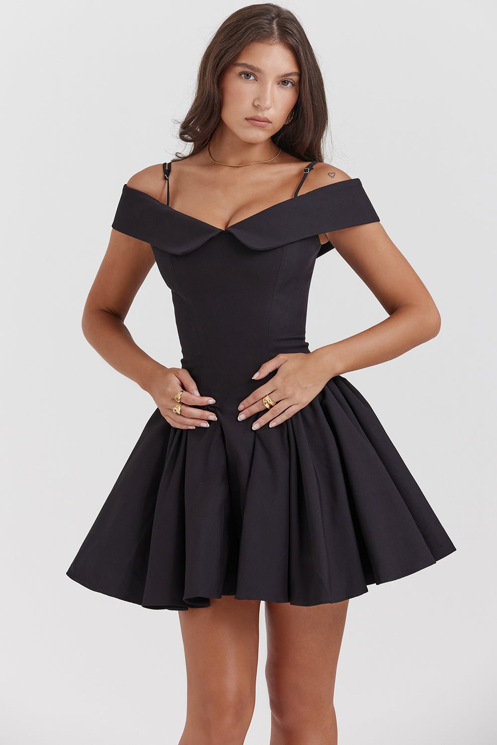 ELIDA BLACK OFF SHOULDER MINI DRESS - Black