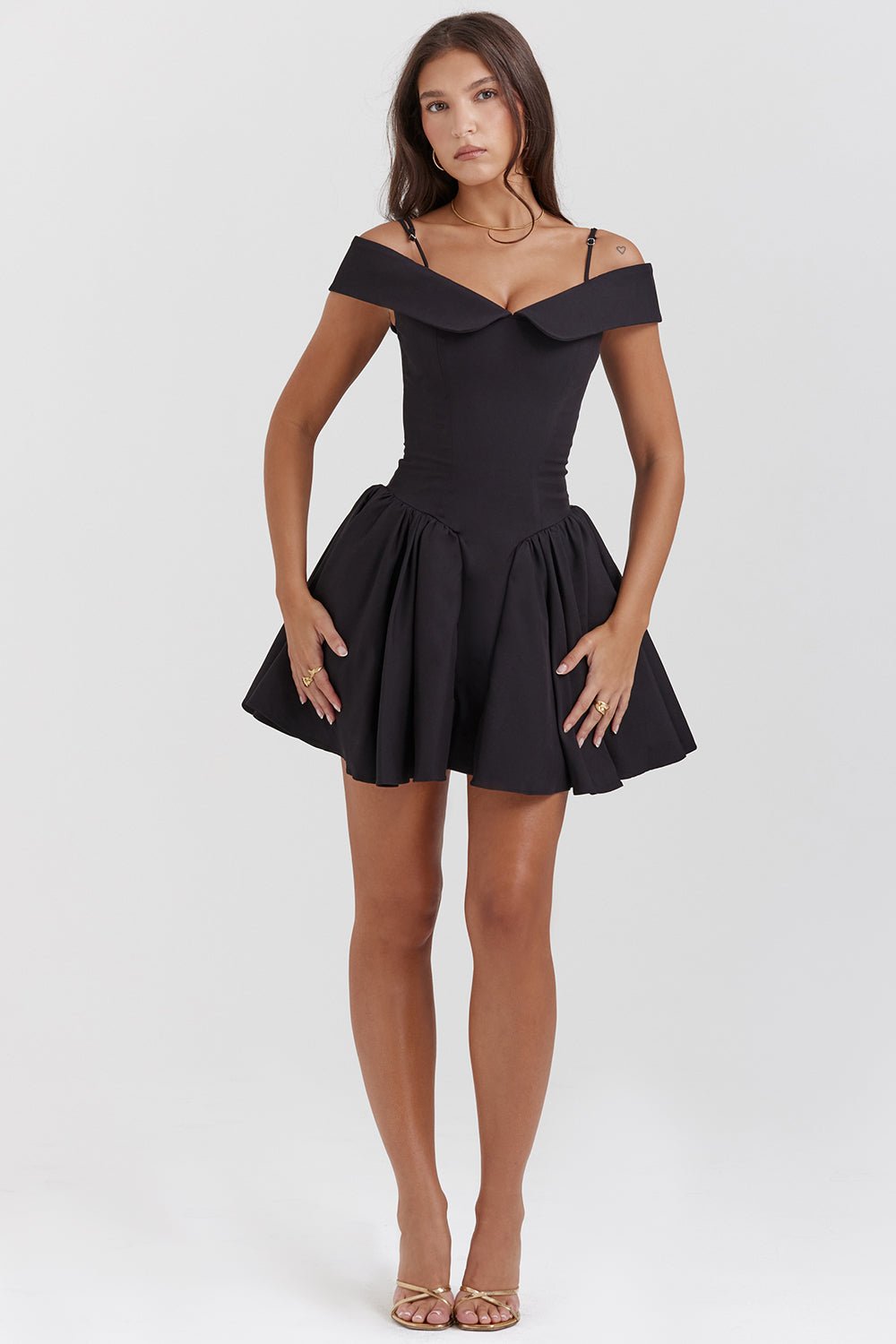ELIDA BLACK OFF SHOULDER MINI DRESS