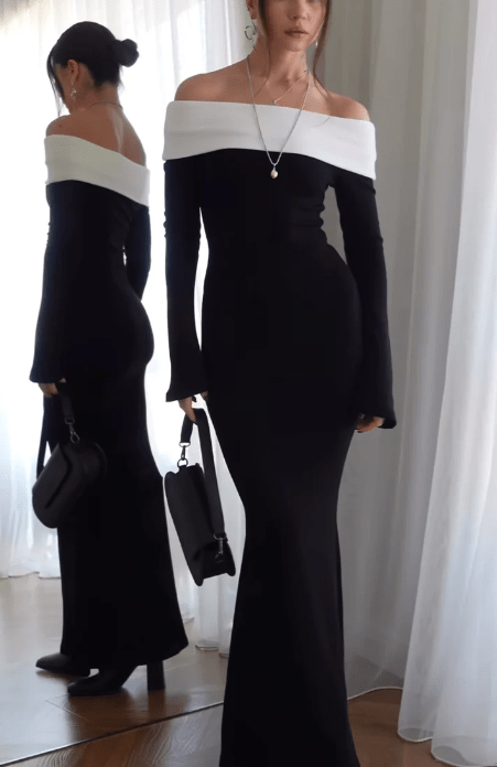 EMILION BLACK CLASSY OFF SHOULDER MAXI DRESS - Black